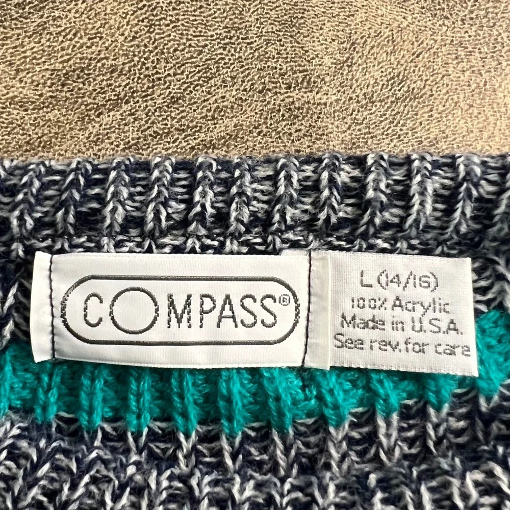 Compass Striped Knit‎ Sweater Boys Size L 14/16 Teal Blue Vintage Made in USA